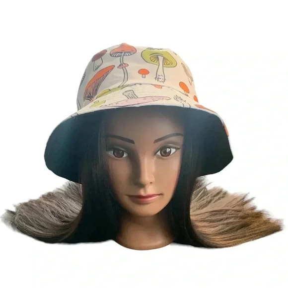 Boutique Handcrafted Fungi Whimsical Large Mushroom Print Trendy Bucket Hat OSFM - Picture 2 of 8